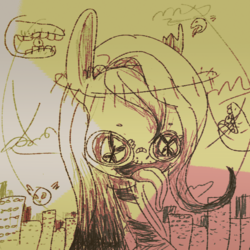 Size: 1000x1000 | Tagged: safe, artist:spoopy-potato, fluttershy, parasprite, g4, surreal, tongue out, traditional art