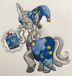 Size: 2547x2692 | Tagged: safe, artist:bozzerkazooers, star swirl the bearded, pony, unicorn, g4, book, clothes, glowing horn, hat, high res, horn, magic, male, solo, stallion, traditional art, wizard hat