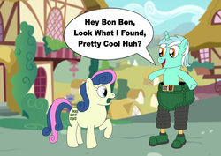 Size: 1516x1074 | Tagged: safe, artist:boneswolbach, artist:equestriaguy637, bon bon, lyra heartstrings, sweetie drops, earth pony, pony, unicorn, g4, aardman animations, crossover, cutie mark, dialogue, duo, ponyville, robot legs, speech bubble, talking, techno trousers, the wrong trousers, wallace and gromit