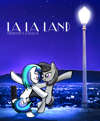 Size: 1041x1252 | Tagged: safe, artist:dan232323, dj pon-3, octavia melody, vinyl scratch, earth pony, pony, unicorn, g4, dancing, female, la la land, lamppost, lesbian, looking at each other, mare, night, poster, ship:scratchtavia, shipping, smiling, stars