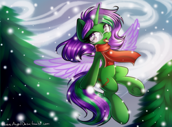 Size: 2300x1700 | Tagged: safe, artist:chaosangeldesu, oc, oc only, oc:buggy code, pony, unicorn, artificial wings, augmented, clothes, female, flying, glasses, glowing horn, horn, magic, magic wings, mare, open mouth, scarf, snow, solo, tongue out, tree, wings, winter