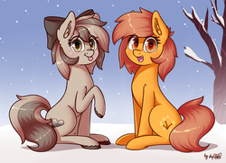 Size: 3025x2190 | Tagged: safe, artist:dsp2003, oc, oc only, oc:meadow stargazer, oc:stone, earth pony, pony, blushing, cute, female, high res, looking at you, mare, ocbetes, open mouth, raspberry, silly, silly pony, snow, snowfall, tongue out, tree