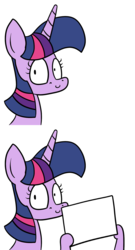 Size: 1091x2023 | Tagged: safe, alternate version, artist:moonatik, derpibooru exclusive, twilight sparkle, alicorn, pony, g4, bust, exploitable meme, faic, female, holding, looking at you, meme, sign, simple background, smirk, solo, twiface, twilight sparkle (alicorn), white background