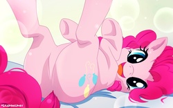 Size: 1300x812 | Tagged: safe, artist:lilapudelpony, pinkie pie, earth pony, pony, g4, adorasexy, balloonbutt, butt, cute, diapinkes, eyes open, featureless crotch, female, hooves up, looking at you, mare, on back, open mouth, plot, sexy, smiling, solo, underhoof, wallpaper