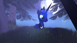 Size: 3840x2160 | Tagged: safe, princess luna, g4, 3d, fog, forest, grass, high res, moon, night, particles, tree
