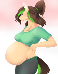 Size: 1945x2480 | Tagged: safe, artist:nsfwbonbon, oc, oc only, oc:verdant ardea, anthro, unguligrade anthro, belly, belly button, big belly, clothes, leggings, pregnant, short shirt, solo