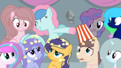 Size: 1023x582 | Tagged: safe, artist:lilygarent, princess flurry heart, oc, oc:cheerful, oc:chestnut, oc:love flames, oc:pearl candy, oc:princess aurora, oc:rosemery, oc:sweet frosting, oc:twinkle, earth pony, pony, unicorn, g4, base used, female, food, male, mare, offspring, older, parent:party favor, parent:pinkie pie, parents:partypie, popcorn, stallion