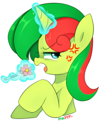 Size: 1210x1440 | Tagged: safe, artist:maren, oc, oc only, oc:hungry flower, pony, annoyed, eating, flower, herbivore, magic, solo, telekinesis