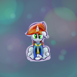 Size: 1000x1000 | Tagged: safe, artist:iiapiiiubbiu, oc, oc only, oc:littlepip, pony, unicorn, fallout equestria, abstract background, clothes, fanfic, fanfic art, female, floppy ears, hooves, horn, jumpsuit, mare, sitting, smiling, solo, vault suit