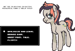 Size: 744x508 | Tagged: safe, artist:staarduster, oc, oc only, oc:smoky mctwist, animated, dialogue box, game, simple background, solo, transparent background, unamused