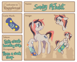 Size: 1500x1200 | Tagged: safe, artist:staarduster, oc, oc only, oc:smoky mctwist, reference sheet, skateboard