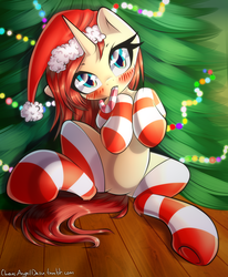 Size: 2000x2432 | Tagged: safe, artist:chaosangeldesu, oc, oc only, oc:nazzy, pony, unicorn, blushing, candy, candy cane, christmas, christmas lights, christmas tree, clothes, female, food, hat, high res, holiday, looking at you, mare, santa hat, socks, solo, striped socks, tree