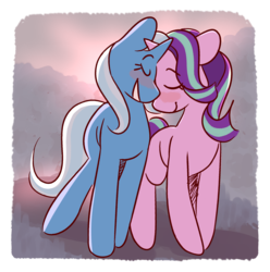 Size: 2208x2228 | Tagged: safe, artist:brightperiwinkle, starlight glimmer, trixie, pony, unicorn, g4, abstract background, blushing, couple, crossed horns, cute, diatrixes, duo, eyes closed, female, glimmerbetes, horn, horns are touching, lesbian, love, mare, ship:startrix, shipping
