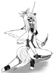 Size: 1024x1347 | Tagged: safe, artist:itzdatag0ndray, queen chrysalis, changeling, anthro, plantigrade anthro, g4, dagger, ear fluff, female, knife, looking at you, looking back, monochrome, sketch, solo, weapon