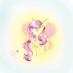 Size: 686x682 | Tagged: safe, artist:shangbanzu, fluttershy, pegasus, pony, g4, female, looking away, looking up, open mouth, smiling, solo, turned head, wings