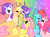 Size: 546x406 | Tagged: safe, artist:suippumato, applejack, fluttershy, pinkie pie, rainbow dash, rarity, twilight sparkle, earth pony, pegasus, pony, unicorn, g4, beanbrows, cute, diabetes, eyebrows, female, forehead kiss, group, hair over one eye, heart, kissing, lesbian, mane six, mare, omniship, polyamory, rainbow background, sextet, ship:appleshy, ship:flutterdash, ship:pinkiedash, ship:rarijack, ship:twijack, ship:twishy, shipping, sparkly mane