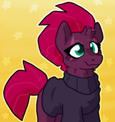 Size: 2000x2130 | Tagged: safe, artist:raystarkitty, fizzlepop berrytwist, tempest shadow, pony, unicorn, g4, my little pony: the movie, broken horn, clothes, cute, ear fluff, eye scar, female, high res, horn, kidcore, neck fluff, scar, solo, stars, sweater, tempestbetes