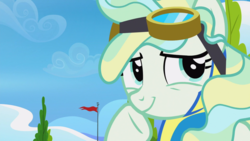 Size: 1676x942 | Tagged: safe, screencap, vapor trail, pegasus, pony, g4, top bolt, clothes, female, flag pole, goggles, mare, smug, solo, uniform, wonderbolts uniform