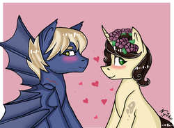 Size: 980x720 | Tagged: safe, artist:nyokoart, bat pony, pony, unicorn, blushing, heart