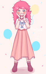 Size: 1878x3000 | Tagged: dead source, safe, artist:beatrice66, pinkie pie, human, g4, clothes, female, grin, humanized, long skirt, shirt, shoes, skirt, smiling, solo