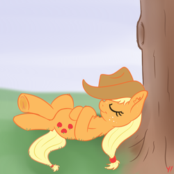 Size: 2000x2000 | Tagged: safe, artist:yakoshi, applejack, earth pony, pony, g4, applejack's hat, chest fluff, cowboy hat, ear fluff, eyes closed, female, hat, hat over eyes, high res, nap, on back, profile, sleeping, solo, tree, under the tree