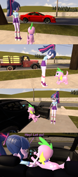 Size: 1920x4320 | Tagged: safe, artist:papadragon69, applejack, sci-twi, spike, spike the regular dog, twilight sparkle, winona, dog, equestria girls, g4, 3d, camp everfree outfits, car, old master q, parody, reference, shoes, sneakers, source filmmaker