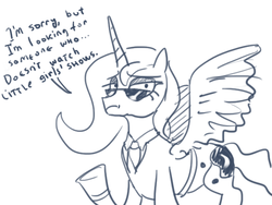 Size: 608x456 | Tagged: safe, artist:bigrigs, princess luna, alicorn, pony, g4, clothes, female, monochrome, solo, suit, sunglasses