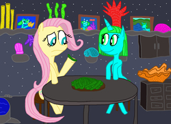 Size: 3228x2346 | Tagged: safe, artist:sb1991, fluttershy, oc, oc:ocean blue, pony, g4, cabinet, cave, drawer, high res, photo, seashell, seaweed, story art, table