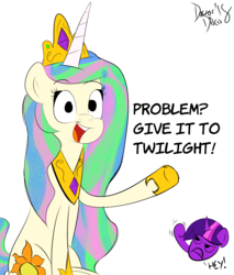 Size: 2400x2820 | Tagged: safe, artist:thedoctordisco, princess celestia, twilight sparkle, alicorn, pony, g4, angry, complaining, d:, delegating, dialogue, duo, female, frown, funny, glare, high res, hoofshake, humor, looking at you, mare, meme, open mouth, pointing, problem, raised hoof, simple background, sitting, smiling, trollestia, uselesstia, white background, wingless