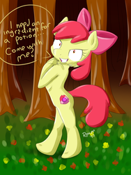 Size: 1200x1600 | Tagged: safe, artist:roxenmaratoun, apple bloom, earth pony, pony, semi-anthro, g4, bipedal, bow, cheek fluff, cutie mark, evil grin, female, filly, forest, grin, hair bow, insanity, looking at you, smiling, solo