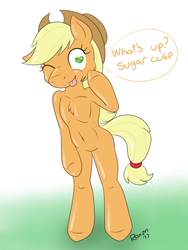 Size: 1200x1600 | Tagged: safe, artist:roxenmaratoun, applejack, earth pony, pony, semi-anthro, g4, bipedal, chest fluff, cowboy hat, female, hat, heart eyes, hooves, mare, one eye closed, smiling, solo, standing, tongue out, wingding eyes, wink