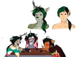 Size: 1964x1454 | Tagged: safe, artist:blackblood-queen, oc, oc only, oc:annie belle, oc:daniel dasher, oc:locke, dracony, human, hybrid, kirin, pegasus, unicorn, anthro, anthro oc, blushing, brother and sister, clothes, drunk, eyes closed, female, friends, humanized, humanized oc, laughing, male, monochrome, sake, siblings, simple background, sketch, smiling, table, white background