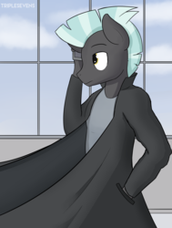 Size: 2300x3035 | Tagged: safe, artist:triplesevens, thunderlane, anthro, g4, clothes, coat, high res, male, phone, solo, trenchcoat, walking, window