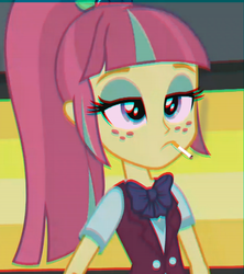 Size: 609x687 | Tagged: safe, edit, edited edit, edited screencap, screencap, sour sweet, equestria girls, g4, bowtie, chromatic aberration, cigarette, clothes, female, freckles, smoking, solo, standing