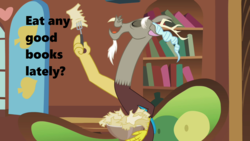 Size: 1280x720 | Tagged: safe, edit, edited screencap, screencap, discord, g4, keep calm and flutter on, season 3, actor allusion, bibliovore, book, bowl, couch, deja q, eating, fluttershy's cottage, fork, john de lancie, male, paper, pica, q, quote, solo, star trek, star trek: the next generation, voice actor joke