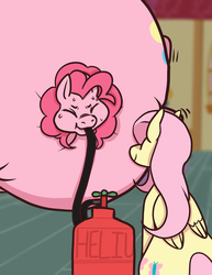 Size: 2975x3850 | Tagged: safe, artist:sickfrickinprick, fluttershy, pinkie pie, earth pony, pegasus, pony, g4, balloonie pie, eyes closed, female, floating, helium inflation, helium tank, high res, hose, immobile, inflation, mare, puffy cheeks, smiling, spherical inflation, sweat