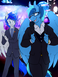 Size: 1600x2100 | Tagged: source needed, safe, artist:spazzykoneko, oc, oc only, oc:turquoise, oc:umami stale, pegasus, anthro, plantigrade anthro, blurry background, clothes, duo, ear piercing, fangs, formal wear, gauges, glasses, lapel pin, necktie, piercing, suit, tuxedo, watch
