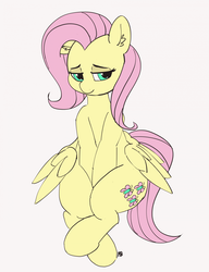 Size: 1280x1663 | Tagged: safe, artist:pabbley, fluttershy, pegasus, pony, g4, 30 minute art challenge, cute, female, lidded eyes, looking sideways, shyabetes, simple background, sitting, solo, white background, wide hips, wings, wings down