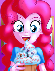 Size: 3090x4000 | Tagged: safe, artist:dieart77, dean cadance, pinkie pie, princess cadance, queen chrysalis, rarity, sunset shimmer, twilight sparkle, equestria girls, g4, clothes, commission, cupcake, dessert, equestria girls-ified, female, fetish, food, imminent vore, kitchen eyes, macro, micro, open mouth, shrunk, snack, twilight sparkle (alicorn)