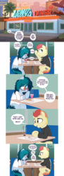 Size: 3036x8348 | Tagged: safe, artist:shinodage, oc, oc only, oc:delta vee, oc:jet stream, pegasus, pony, clothes, comic, delta vee's junkyard, dialogue, diner, duo, female, flashback, food, freckles, glasses, implied princess celestia, implied princess luna, looking at each other, looking down, male, mare, messy mane, milkshake, palm tree, restaurant, shirt, sitting, speech bubble, stallion, sweater, teenager, tree, turtleneck, waffle, younger