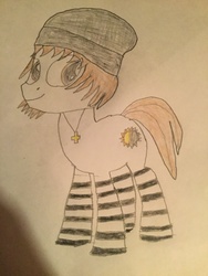 Size: 2448x3264 | Tagged: safe, oc, oc only, oc:sunray shadow, earth pony, pony, beanie, clothes, cross, cutie mark, drawing, hat, high res, jewelry, male, necklace, socks, solo, striped socks, sun, traditional art