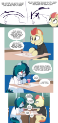 Size: 2944x6210 | Tagged: safe, artist:shinodage, oc, oc only, oc:delta vee, oc:jet stream, pegasus, pony, clothes, comic, concorde, delta vee's junkyard, dialogue, diner, duo, female, flashback, food, freckles, glasses, looking at each other, looking up, male, mare, messy mane, milkshake, plane, restaurant, rocket, saturn v, shirt, sitting, speech bubble, stallion, sweater, teenager, turtleneck, waffle, younger