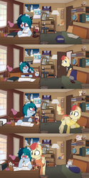 Size: 2225x4460 | Tagged: safe, artist:shinodage, oc, oc only, oc:delta vee, oc:jet stream, pony, bed, bedroom, blinds, book, calendar, can, clothes, comic, delta vee's junkyard, desk, desk lamp, female, flashback, glasses, headphones, lamp, looking at each other, looking down, lying down, male, mare, mirror, mouth hold, pencil, pillow, plushie, poster, shelf, shirt, smiling, stallion, sweater, trash can, turtleneck, walkman, window, younger