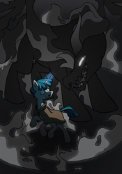 Size: 900x1284 | Tagged: safe, artist:patrona, pony of shadows, stygian, pony, unicorn, g4, shadow play, cape, clothes, glowing eyes, magic, open mouth, size difference