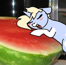 Size: 385x383 | Tagged: safe, artist:nootaz, oc, oc only, oc:nootaz, blushing, eyes closed, food, irl, open mouth, photo, ponified animal photo, watermelon