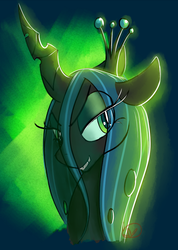 Size: 571x800 | Tagged: safe, artist:ryuredwings, queen chrysalis, changeling, changeling queen, g4, abstract background, beautiful, bust, crown, female, glowing, grin, jewelry, lidded eyes, looking at you, portrait, regalia, smiling, smirk, solo