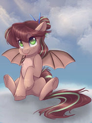 Size: 6096x8128 | Tagged: safe, artist:ardail, oc, oc only, oc:cocoa dot, bat pony, pony, :p, absurd resolution, bat pony oc, chest fluff, cloud, cute, female, mare, silly, sitting, sky, smiling, solo, spread wings, tongue out, unshorn fetlocks, wings