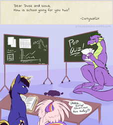 Size: 2400x2646 | Tagged: safe, artist:overlordneon, spike, oc, oc:dusk eclipse, oc:nova dawn, alicorn, dragon, pony, unicorn, g4, adopted offspring, alicorn oc, answer, chalkboard, cute, high res, magical lesbian spawn, next generation, offspring, parent:sunset shimmer, parent:twilight sparkle, parents:sunsetsparkle, teacher and student, uncle spike