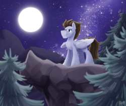 Size: 1279x1071 | Tagged: safe, artist:bcpony, oc, oc only, oc:core, pegasus, pony, cliff, commission, full moon, male, moon, night, solo, stars, tree