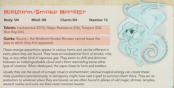 Size: 2142x1086 | Tagged: safe, g4, my little pony: tails of equestria, the festival of lights, dungeons and dragons, looking at you, mist, mistform, pen and paper rpg, rpg, smiling, smoke, smoke monster, solo, stats, text, umberfoal, underdark
